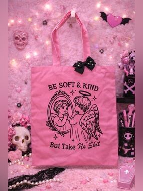 Canvas Tote Bag “Be Soft & Kind But Take No” Angel Graphic 15.5 x 14.5
